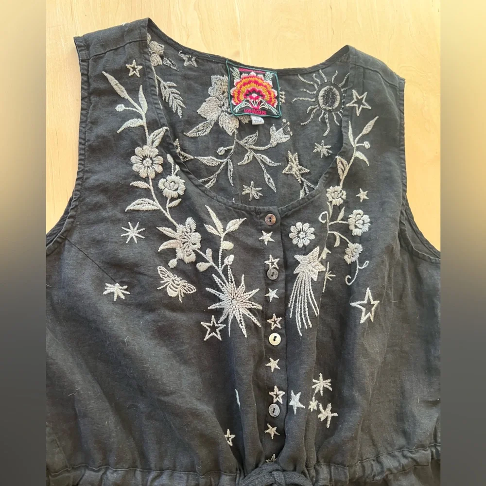 Johnny Was Embroidered Black Mia Sleeveless Linen Romper - Picture 6 of 11